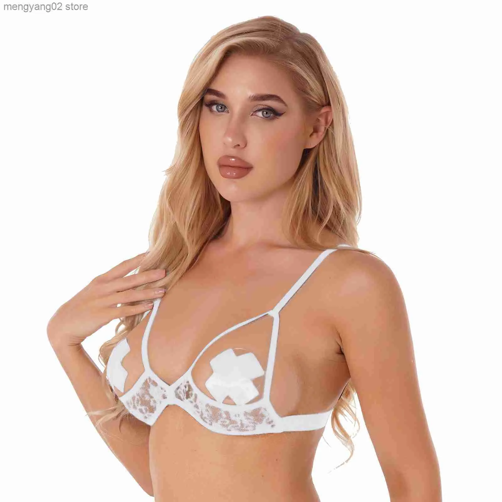 Women See-through Lace Hollow Out Bra Lingerie Exotic Open Cups Exposed  Nipples Chest Brace Underwire Brassiere Top Nightwear