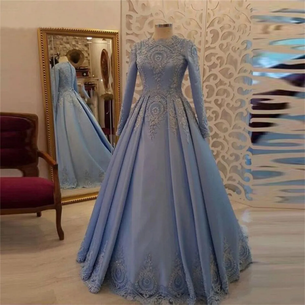 Vestidos de noite muçulmana azul claro modestos uma linha de mangas compridas apliques de renda de cetim Dubai islâmico dubai árabe, vestidos de partido formal elegantes bandidos de mujer 2023