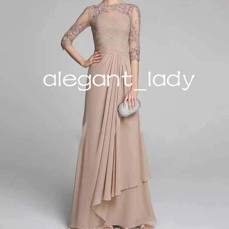 Modest Champagne Mother of the Bride Dresses with 3/4 long sleeve Plus Size Ruched Lace Applique mother occasion Prom gown