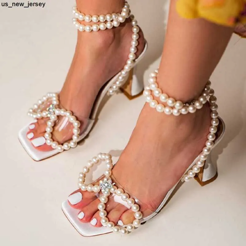 Sandalias Perlas de lujo Punta abierta Bowknot Sandalias de mujer Pirámide Tacones altos Tobillo Tiras Sandalias de gladiador Boda de verano Zapatos de novia J230518 J230519 J230522