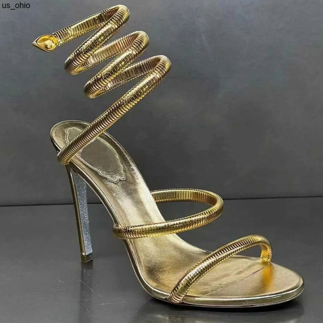 サンダルゴールドサンダルラグジュアリーデザイナーRene Caovilla Stiletto Heel Heel Heel Shoes Crystal Rhinestone Twining Foot Ring 10cm高さの狭いバンドサンダル3543ボックス付き