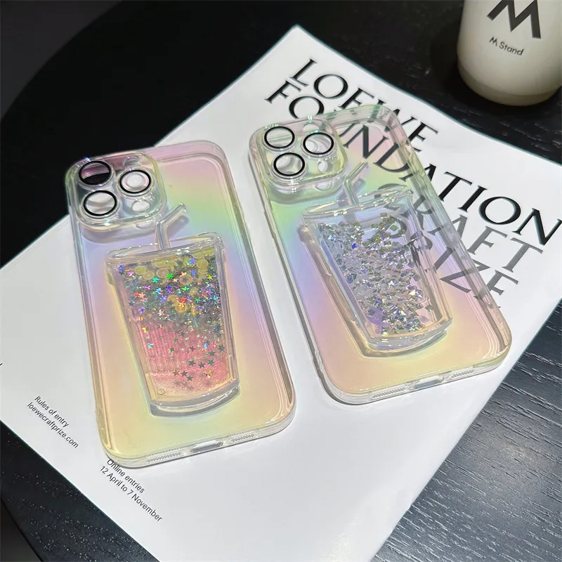 豪華なグラディエントレインボーミルクティーカップ用iPhone 14 13 12 11 PRO MAX BLING DIAMOND LEMON LIQUAS QUACKSAND GLITTER透明カバー