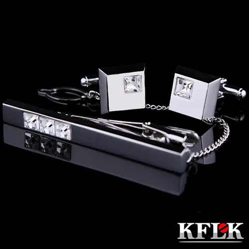 KFLK Cuff Links جيدة عالية الجودة مقطع العنق لربطة التعادل للرجال أبيض الكريستال التعادل بارات الأزرار