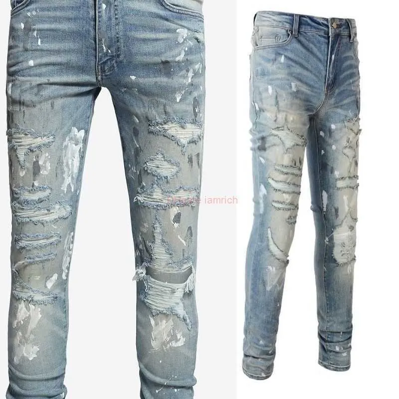 Designer Clothing Amires Jeans Denim Pants Amies 6530 Fashion Brand Knife Cuts Holes Destroys Small Feet Splash Ink Paint Wash Blue Distressed Mens Jeans Distressed