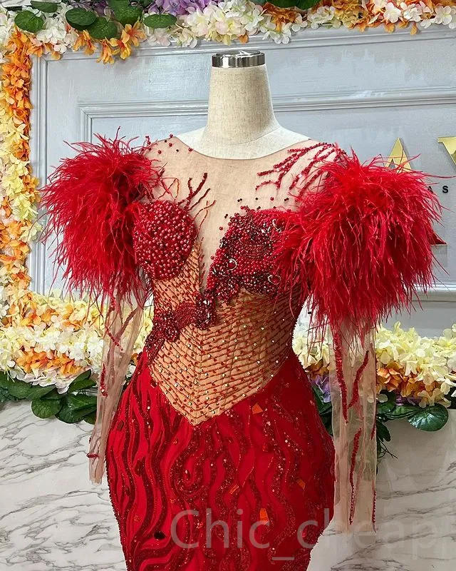 2023 AMVCA Aso Ebi Mermaid Red Prom Dress Beaded Crystals Feather Evening Formal Party Second Reception Birthday Engagement Gowns Dress Robe De Soiree ZJ304