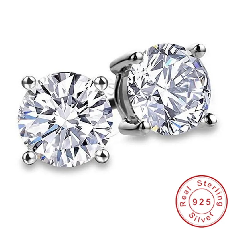 2020 Genuine 925 Sterling Silver Solitaire Stud Earring 9mm Diamond Cz Engagement Wedding Earrings for women men Party Jewelry