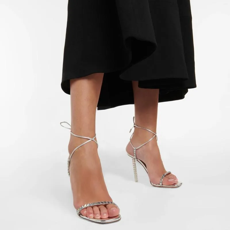 Sandals Rhinestone Silver Diamond Stiletto Open Toe Woman Summer 2023 Square Cross Tie High Heels Fashion Shoes For Women
