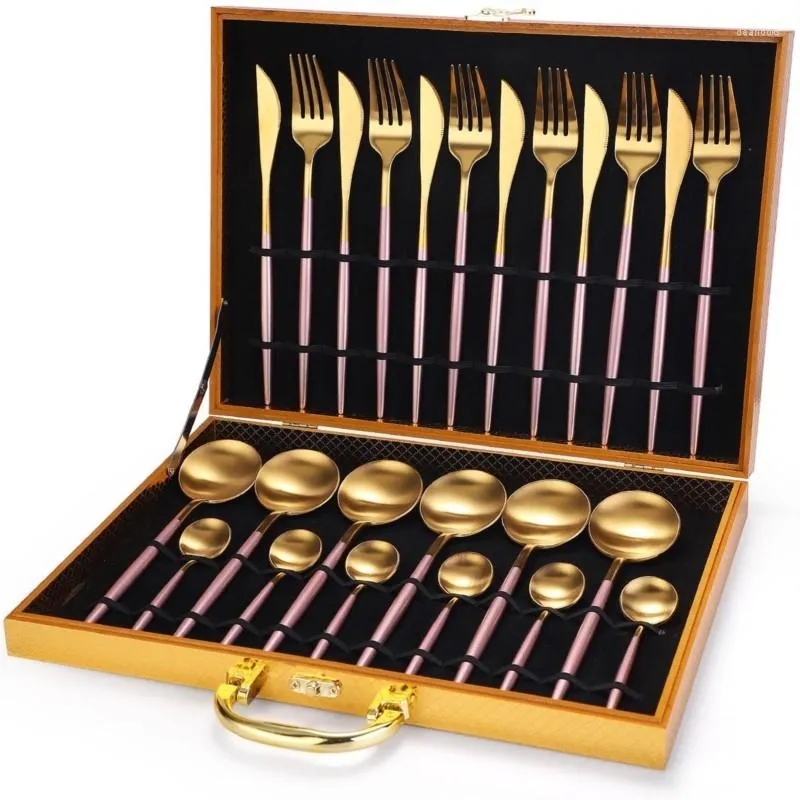 Dinnerware Sets Luxe Rvs 24 Stuk Ek Set Gouden Mes Vork En Lepel Bento Houten Doos Etiquette Keuken Accessoires Geschenkdoos