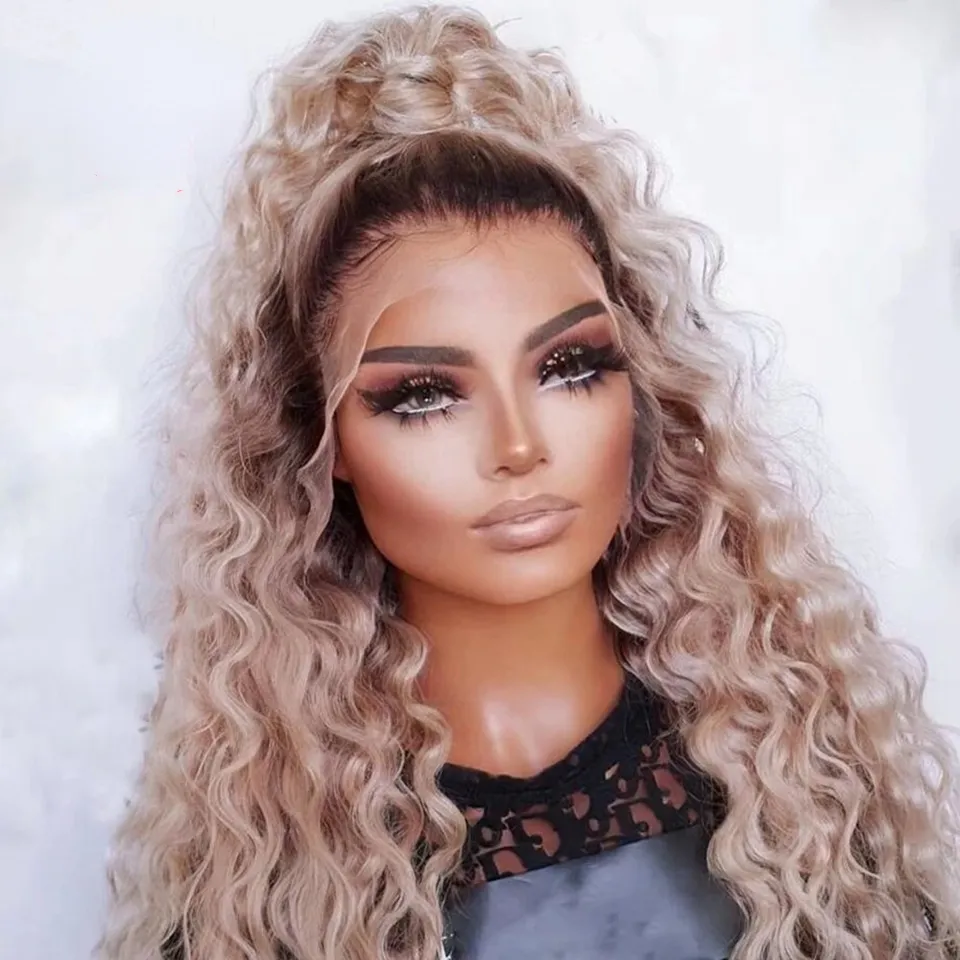 Ash Blonde Curly Lace Front Human Hair Wigs For Women Brazilian 360 Deep Wave Frontal Wig Synthetic Cosplay Wig Drag Queen