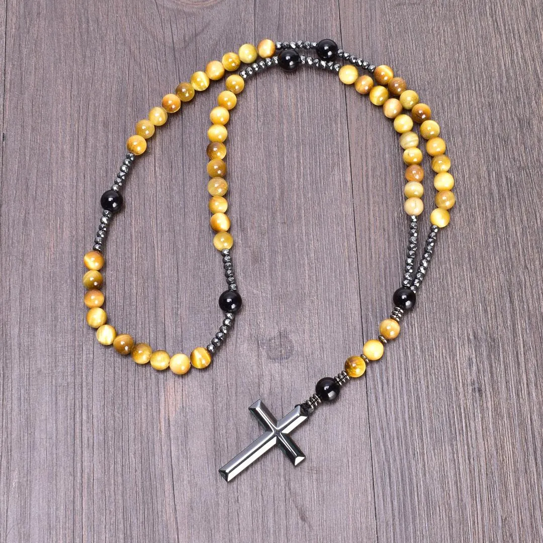 Necklaces Tiger Eye Stone with Hematite Cross Catholic Rosaries Men's Rosary Beads Natural Stones Rosary Necklace for Man