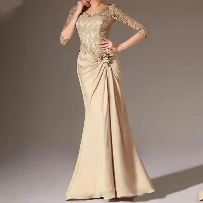 Champagne bescheiden moeder van de bruid jurken lange mermaid stijl kant chiffon v-neck 3/4 lange mouw moeder gelegenheid jurk