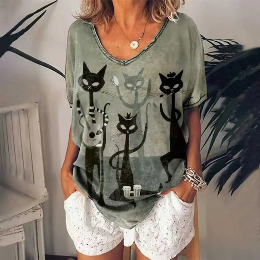 女性の女性Tシャツブランドレトロサマーファッションアニメ猫グラフィックガール服vネック半袖ティーズ女性ハラジュクストリートウェア特大のブラウス