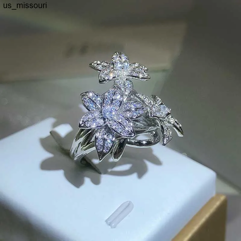 حلقات الفرقة 925 الفضة عالية الجودة شكل الكمثرى فرع زهرة الزركون خاتم المرأة الأزياء زهرة الماس الدائري كبير الحفل هدية J230522