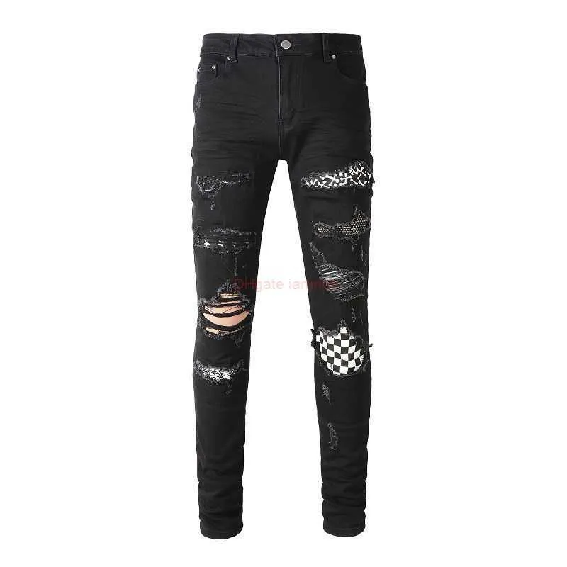 Designer Clothing Amires Jeans Denim Pants High Street Fashion Amies Hole Slim Fit Hot Diamond Patch Élastique Black Checker Jeans Mens Slp Feet Pantalon Distressed Rippe