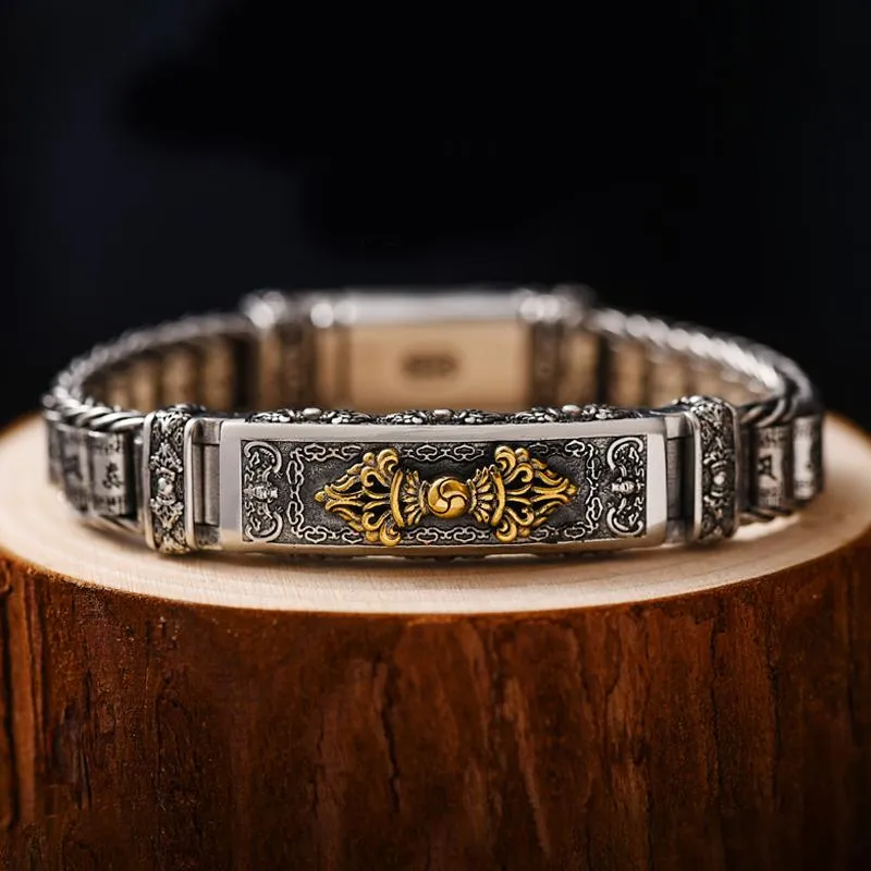 Armreifen New Vajra Drop Magic Stößel Silber Armband Herren Retro Buddhist Sixcharacter Mantra Gebetsmühle Domineering Handgewebt