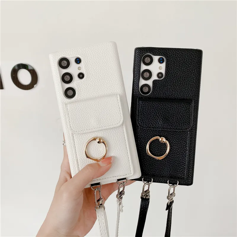 Lanyard Lychee Grain Vogue Phone Case for iPhone 14 13 Pro Max Samsung Galaxy S23 Ultra S22 Plus S21 S20 S20FE Note20 Note10 Ring Holder Solid Leather Wallet Back Cover