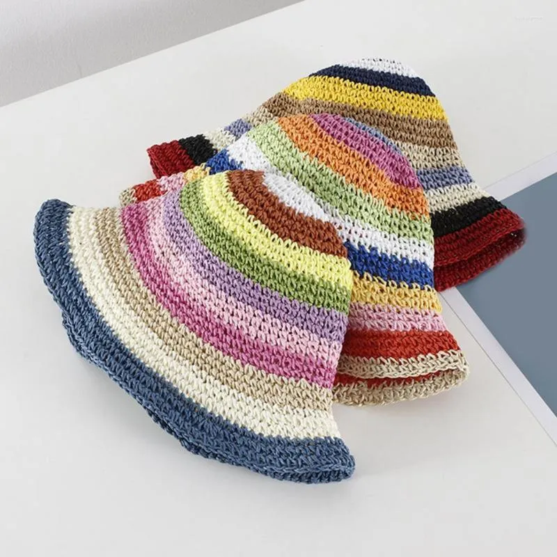 Cappelli a tesa larga 2023 Cappello a secchiello estivo in paglia all'uncinetto Cappello Panama pieghevole da donna Sole UV Boho Strisce colorate Pesca Vacanza Spiaggia