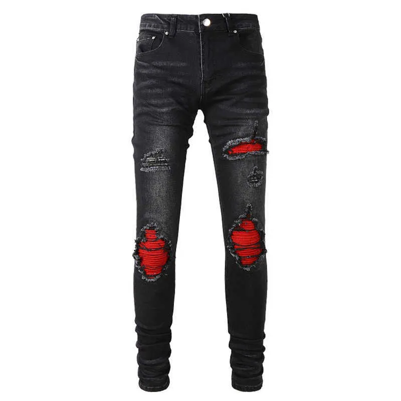 Men's Jeans Men's Cracked Red Pleated Patch Bike Jeans Street Clothing Patch Work Elastic denim Pants Tight Tapered Black Trousers P230522