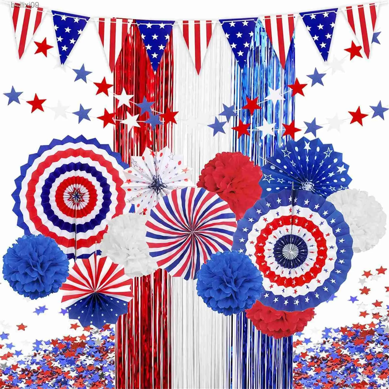 Party Decoration American Flag Paper Fans Patriotic Decoration Set Star Pull Flower Curtain voor 4 juli American National Day Party Decor T230522