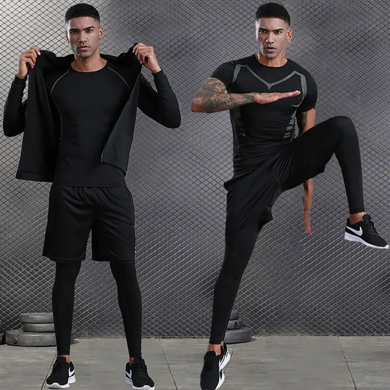 Mens Compression Sportswear Set Gym Running Sport Clothes Tight T-shirt  Lycra Leggings Athletics Shorts Fitness Rash Guard Kits