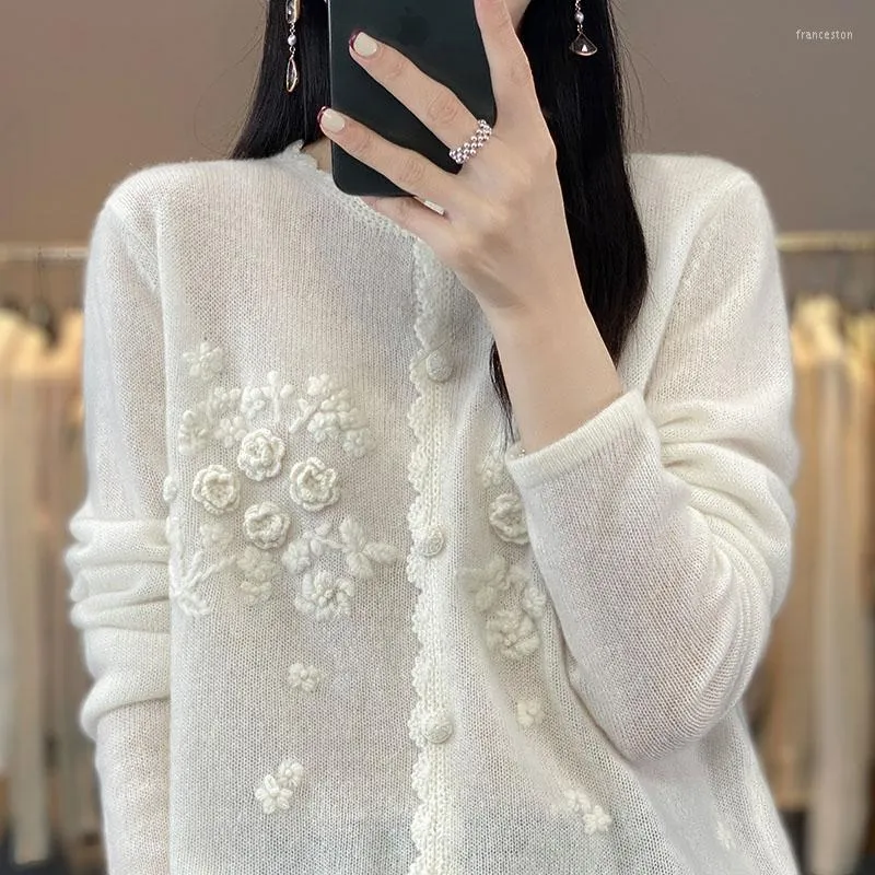 Women's Knits Wool Cardigan Women's Heavy Industry 3D Hooked Round Neck Thin Sweater Coat Casual Loose Knit