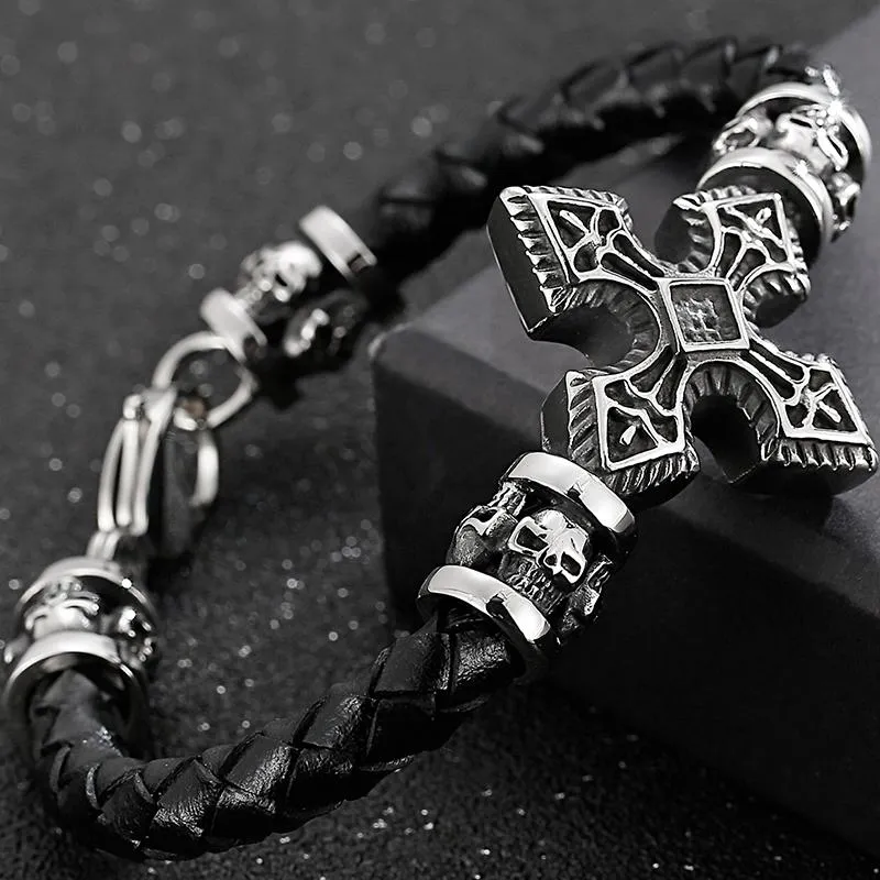 Chokers Herren-Lederarmband mit Kreuz, Punk-Rock-Schädel-Kopf-Armbänder für Männer, Leatherman-Handbänder, Schmuckzubehör, Dropship