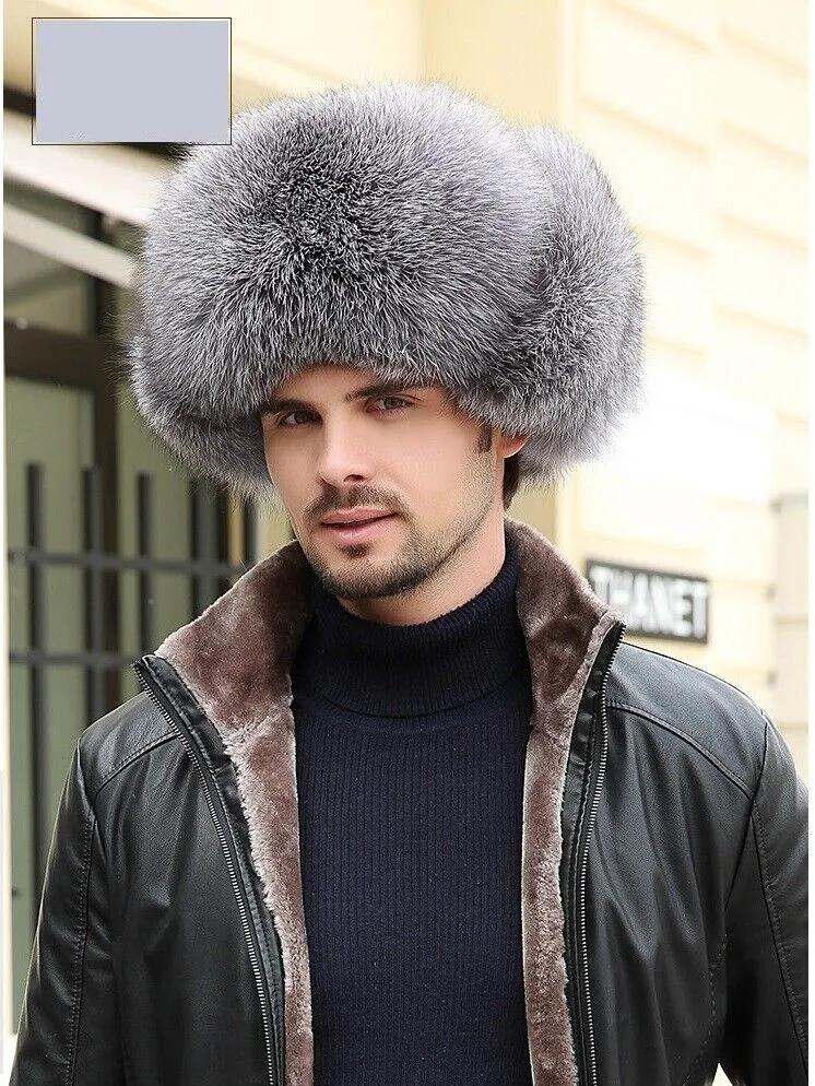 Men's Natural Fox Fur Hat Real Sheepskin Earmuffs Caps Winter Warm Headwear Natural Silver Fox