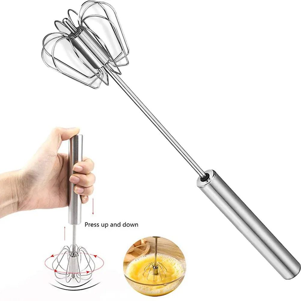 Semi-automatic Mixer Egg Beater Manual Self Turning 304 Stainless Steel Whisk Hand Blender Egg Cream Stirring Kitchen Tools Wholesale