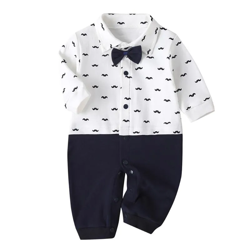 Combinaisons Born Infant Printemps Bébé Garçons Barboteuse Vêtements Coton Gentleman Arc Combinaison Mode Moustache Imprimer Vêtements Tenues De Fête Cadeaux