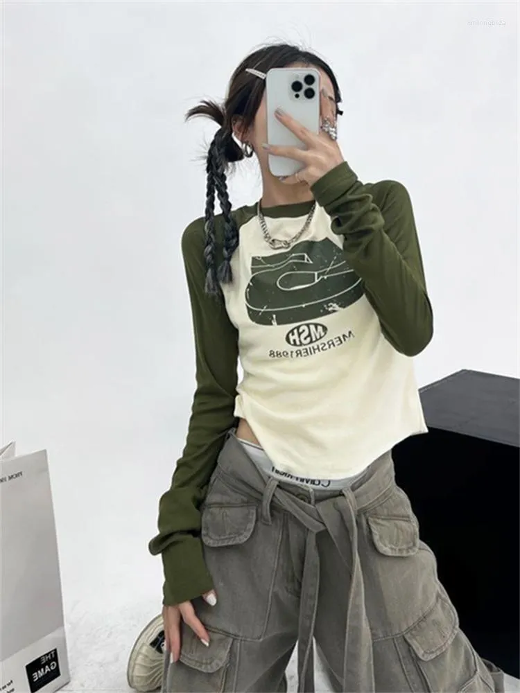 Women's Long Sleeve T-Shirt, Y2K Vintage 90s Harajuku Graphic Print Tee, Slim Streetwear Hip Hop Patchwork Crop Top Women's Long Sleeve T-Shirt, Y2K Vintage 90s Harajuku Graphic Print Tee, Slim Streetwear Hip Hop Patchwork Crop Top