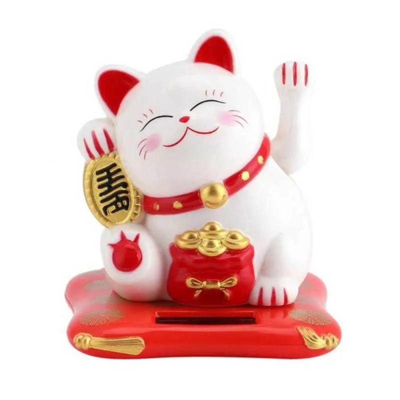 Solar Powered Maneki Neko Lucky Cat Figurine Welcoming Chinese