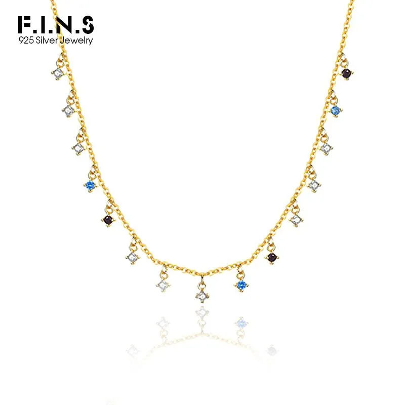 Necklaces F.I.N.S Original 925 Sterling Silver Colored CZ Necklace Luxury Small Round Zircons Pendants Clavicle Chain Necklaces Jewelry