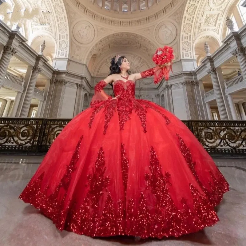 분리 가능한 슬리브 스팽글 오간자 연인 달콤한 16 vestidos para Quinceanera 2023을 가진 우아한 레드 Quinceanera 드레스