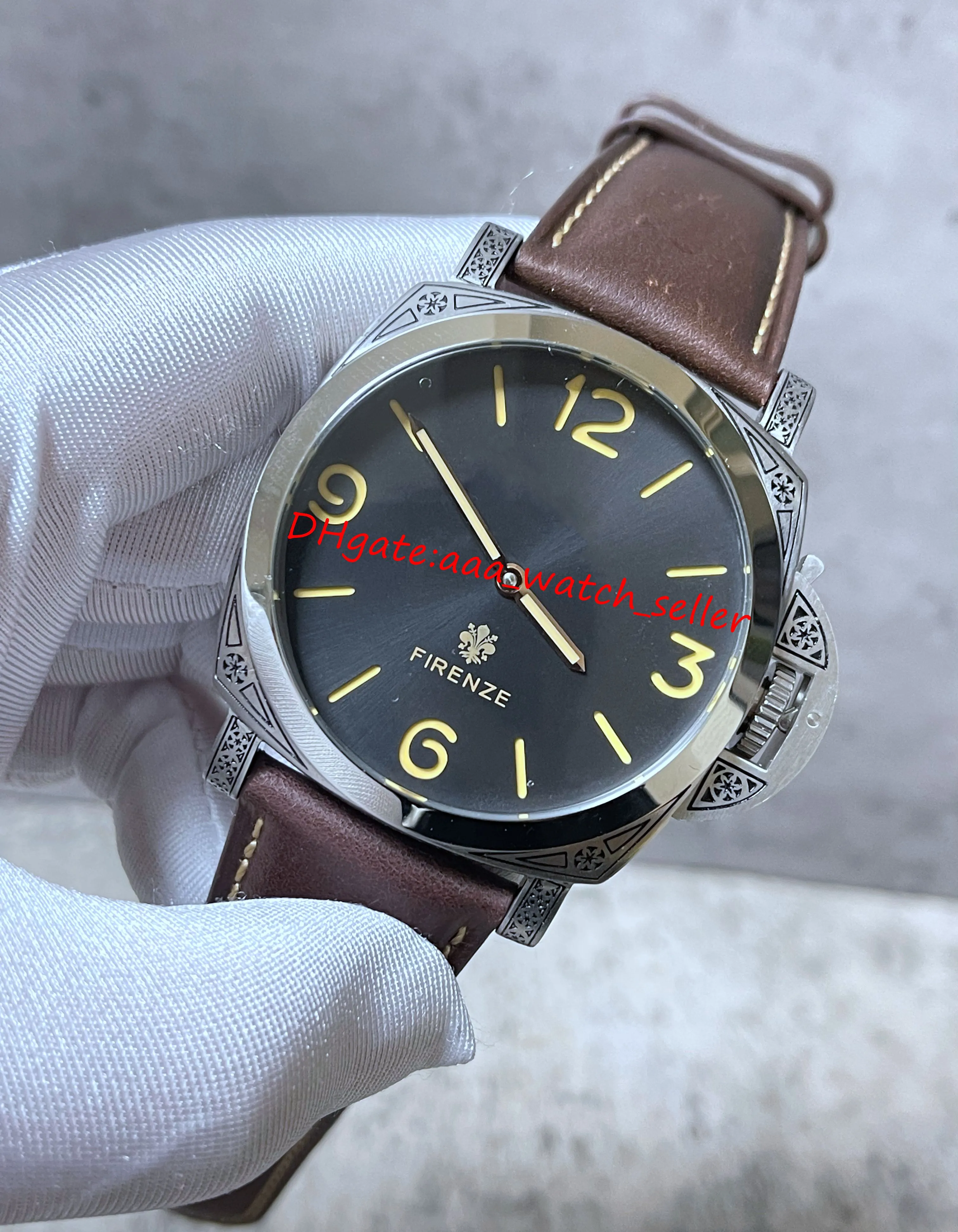 Top quality mens watches 47mm hand carved case mechanical automatic movement leather strap transparent back cover luminous sapphire sport men s
