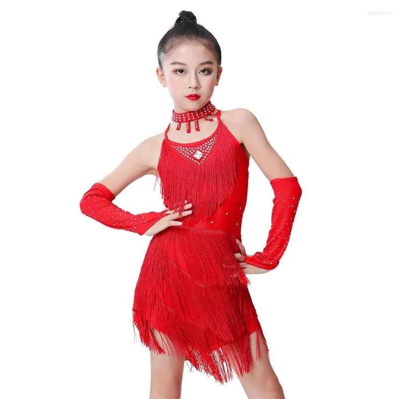 Stage Wear Girls Kids Dress Child Tassel Ballroom Latin Salsa Dancewear Party Dance Costume 2023