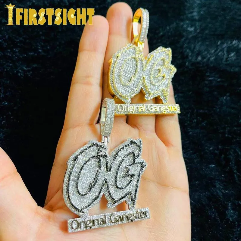 Necklaces Iced Out Bling Two Tone Color CZ Letter Original Gangster Pendant Necklace Black Cubic Zirconia OG Charm Men Hip Hop Jewelry