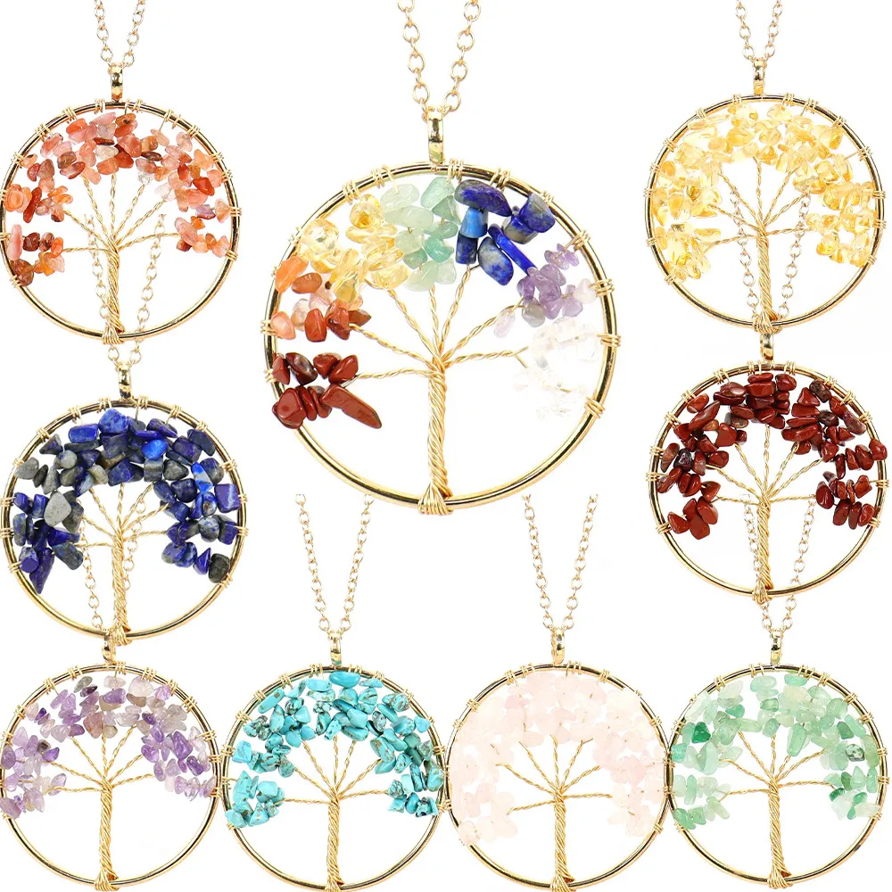 Irregular Chip Stone Crystal Wire Wrap Tree of Life Pendant Amethyst Rose Quartz Chakra Beads Necklace for Women Jewelry