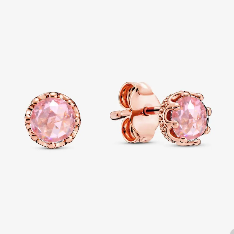 Pink Crystal diamond Crown Stud Earrings for Pandora 18K Rose Gold Party Earring designer Jewelry For Women Girls Sisters Gift Cute earring with Original Box