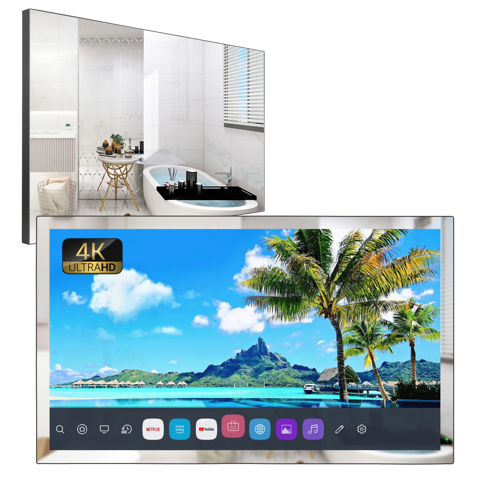 Soulaca 32 인치 4K Webos Mirror 욕실 호텔 AI 내장 Alexa 음성 제어 Wi-Fi Bluetooth 스마트 TV 방수 2023 Amazon New Model