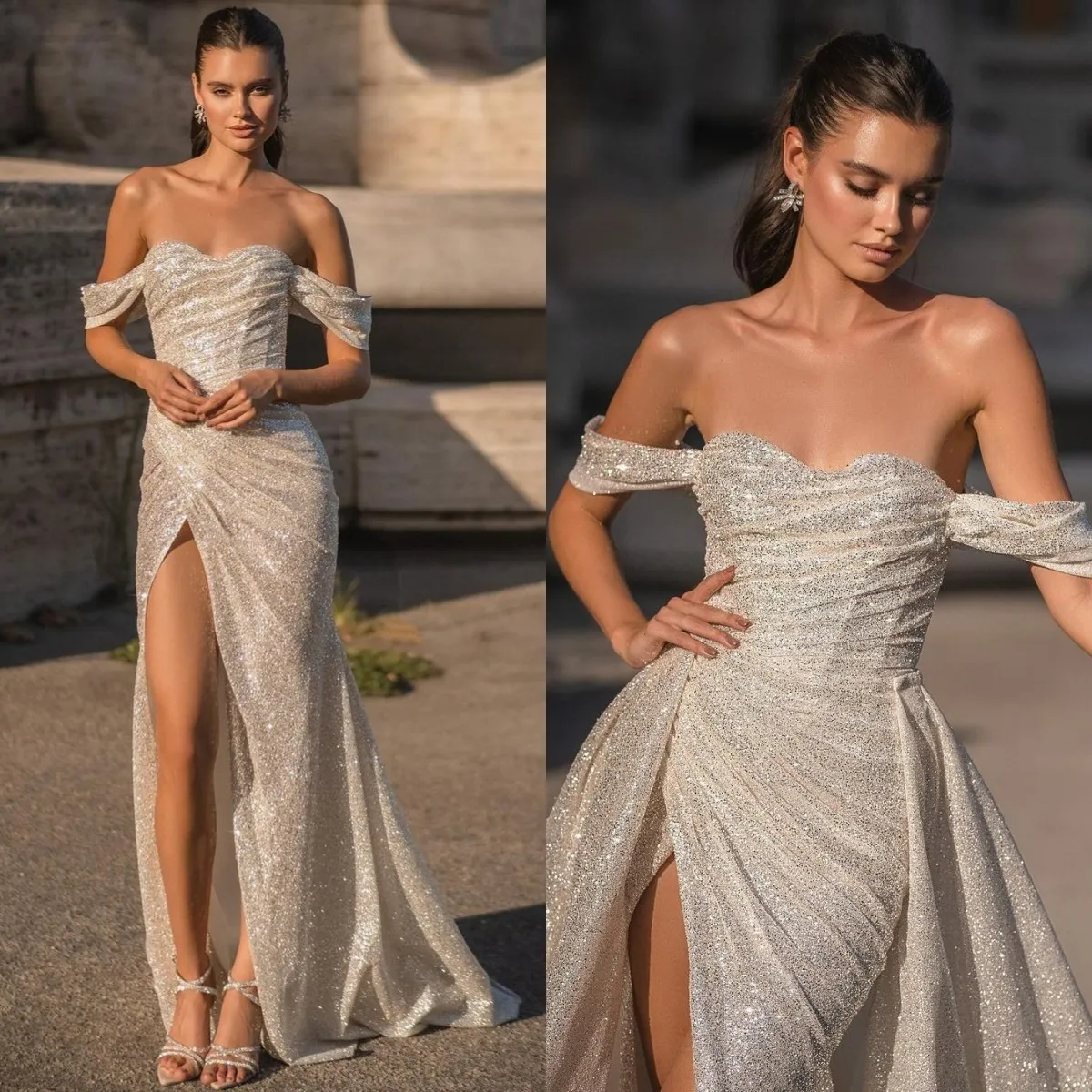 Berta Off-Shoulder Sheath Wedding Dress for Bride with Glitter Sequins,  Detachable Skirt, and Thigh Slit Robe De Mariee Bridal Gown