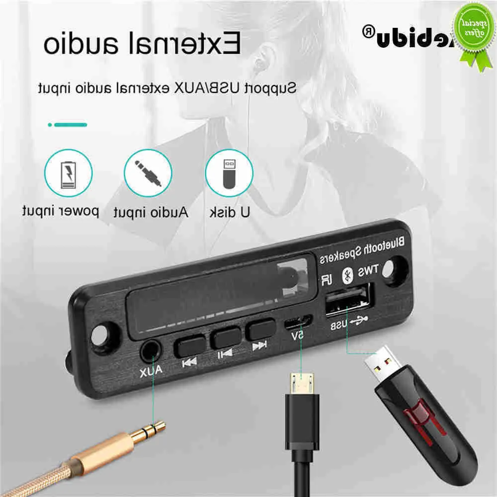 Auto NIEUW NIEUW 5V Wireless TWS Bluetooth 5.0 Handsfree Car Kit Ape/MP3 Decoder Decoder Board FM Radio TF USB 3.5mm Aux Audio Mp3 -speler