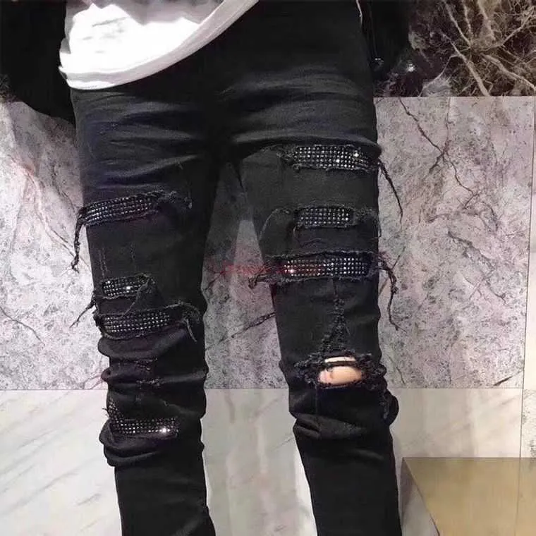 Jeans Abbigliamento firmato Amires Jeans Pantaloni denim Amies Marchio di moda Nero Hot Diamond Slp Jeans traforati Uomo Gioventù High Street Rock