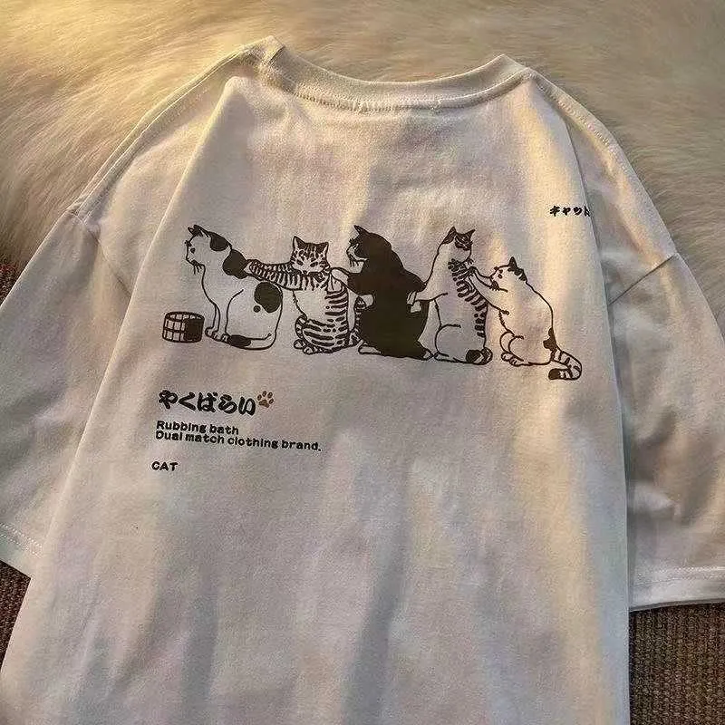 Damen Damen T-Shirt T Mode Shirt Marke Sommer Japanisches Frisches Paar Y2k Harajuku Cartoon Niedliche Katze Print O-Ausschnitt Kurzärmelige Tops Ästhetische Kleidung