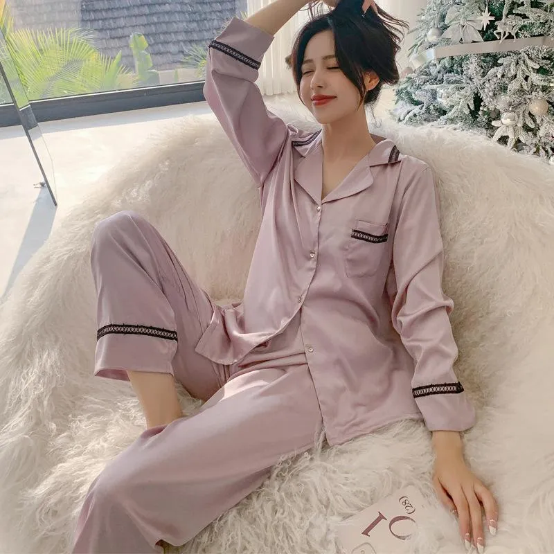Roupas em casa 2pcs pijamas terno de manga longa feminino de renda de roupas de noite conjunto de sono íntimo de lingerie casual pijamas roxos sono