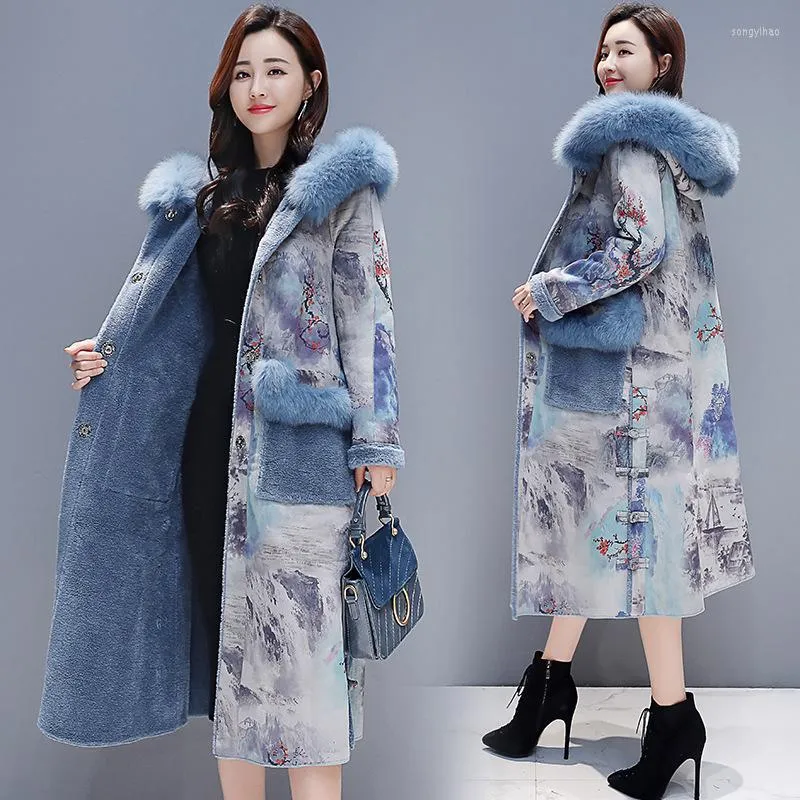 Women's Trench Coats Double-faced Fur Coat Women's Long Section Winter Coton Jacket 2023 Fashion Retro Printed Parka Overcoat Female
