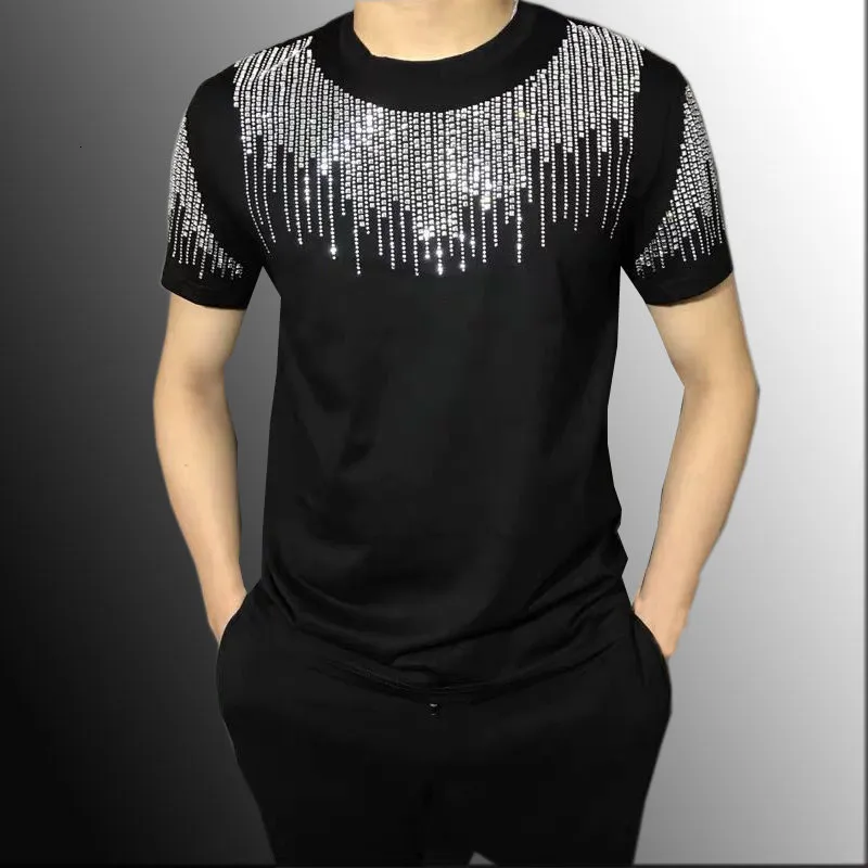 Män s t skjortor högkvalitativ sommar smal fit tee skjorta homme diamant tassel social klubb kläder t män kort ärm gata kläder 230522