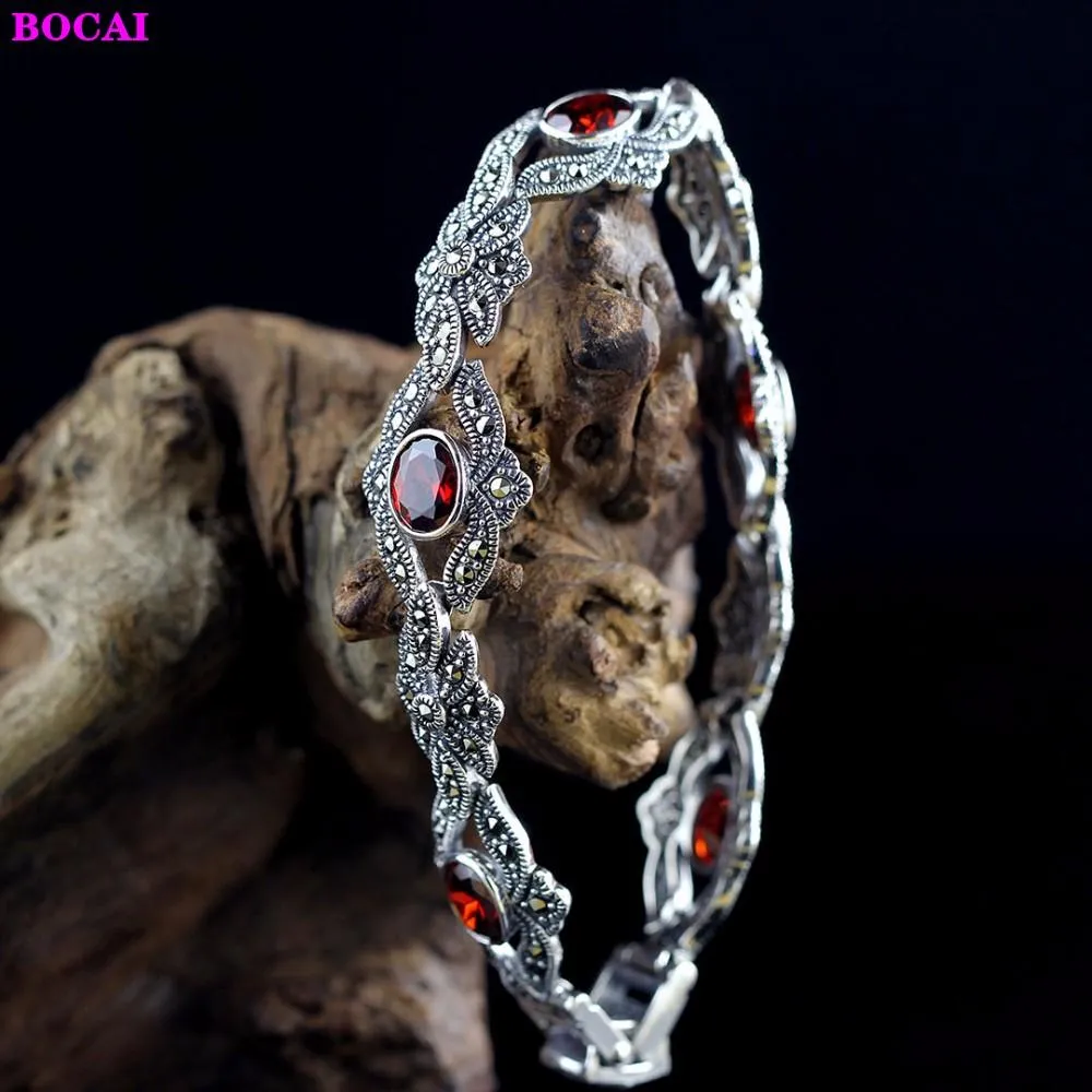 Bileklik Bocai S925 STERLING Gümüş Kadın Bilezik 2021 Moda Doğal Garnet Yeşil Chalcedony Pure Argentum Gem Bileklik El Zinciri