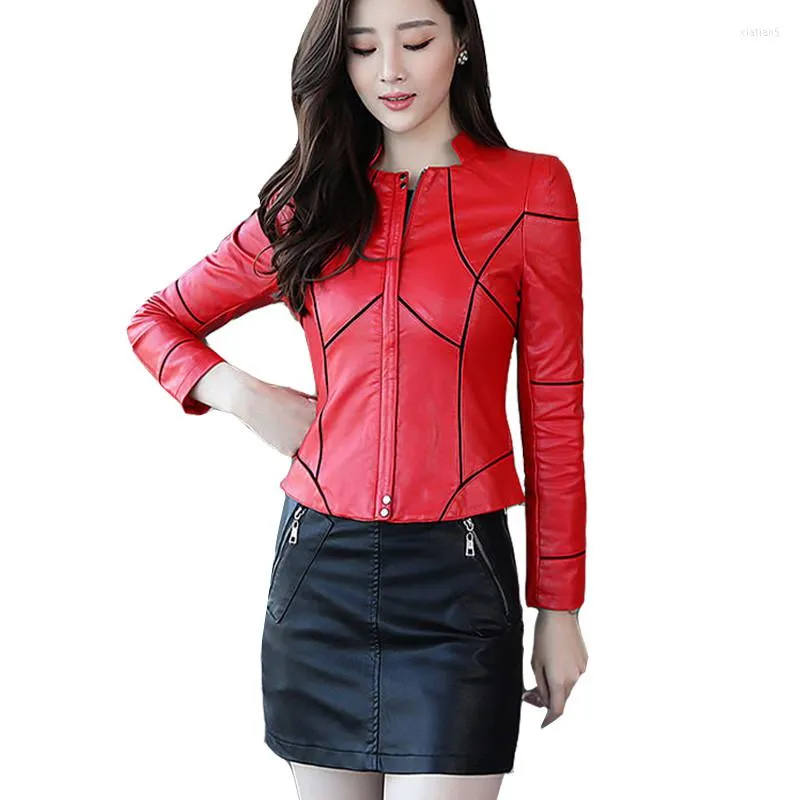 Femmes en cuir 2023 printemps automne femmes Faux vestes fermeture éclair manteau de base moto PU manteaux rouge noir Biker veste vêtements d'extérieur 599