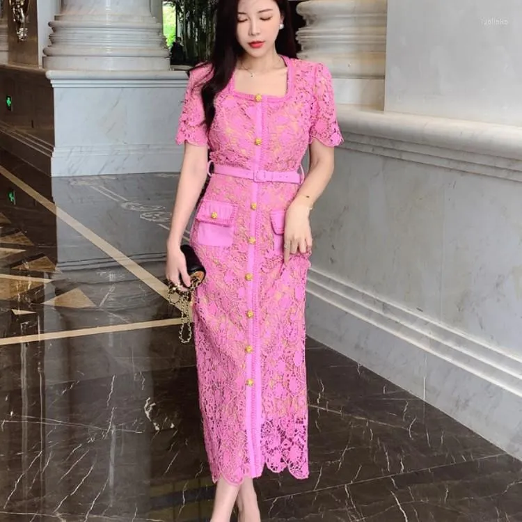 pink dress with gold buttons Voluminous Puff Sleeves Covered Button Down Dress main image 1