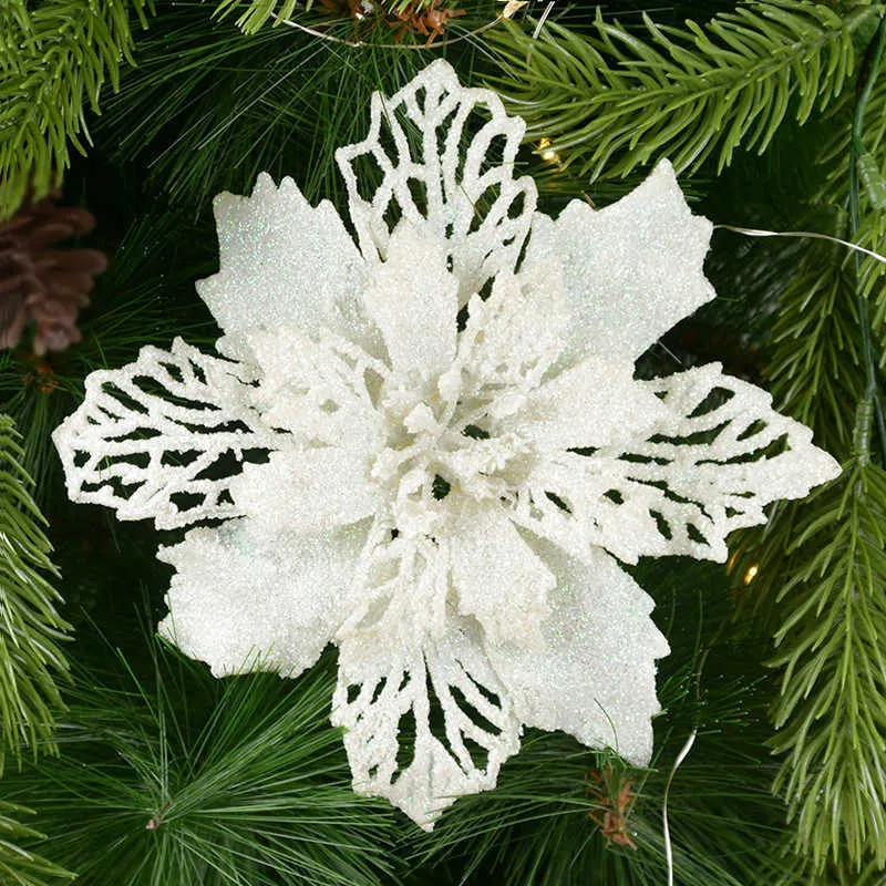 Weihnachtsdekorationen, 5 Stück, 9–16 cm, Glitzer, künstliche Weihnachtsblumen, Weihnachtsbaumschmuck für Zuhause, künstliche Blumen, Weihnachtsschmuck, Neujahrsdekoration